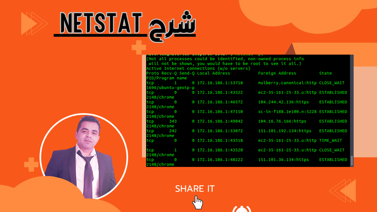 وجه الأوامر على ويندوز تظهر أمر netstat -anb، مع عرض الاتصالات النشطة بعناوين IP، المنافذ، والبرامج المرتبطة في واجهة بيضاء وأسود كلاسيكية.